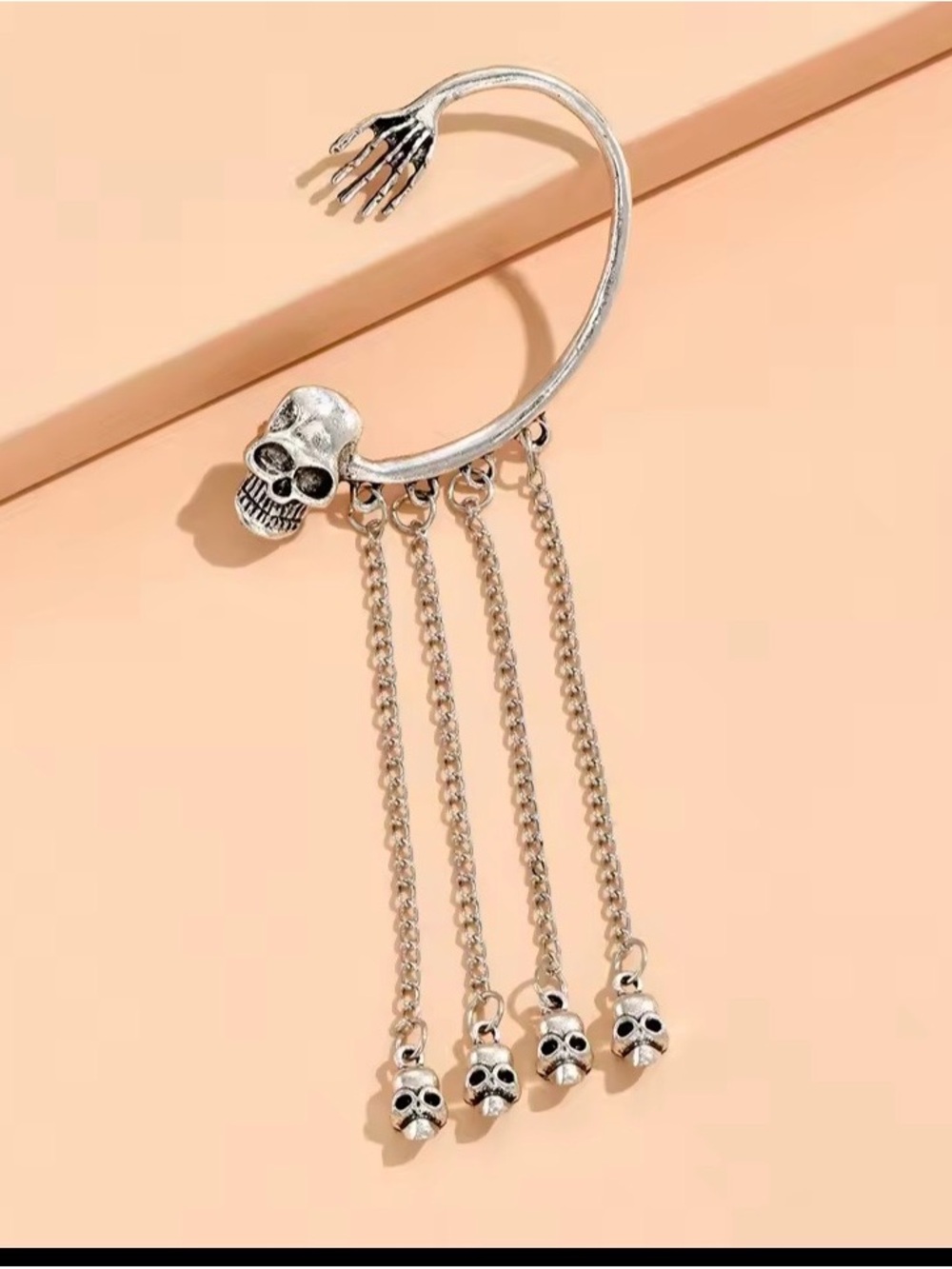 Silver Skull Hoop Earring with Dangling Chain Charms - Women's Jewelry